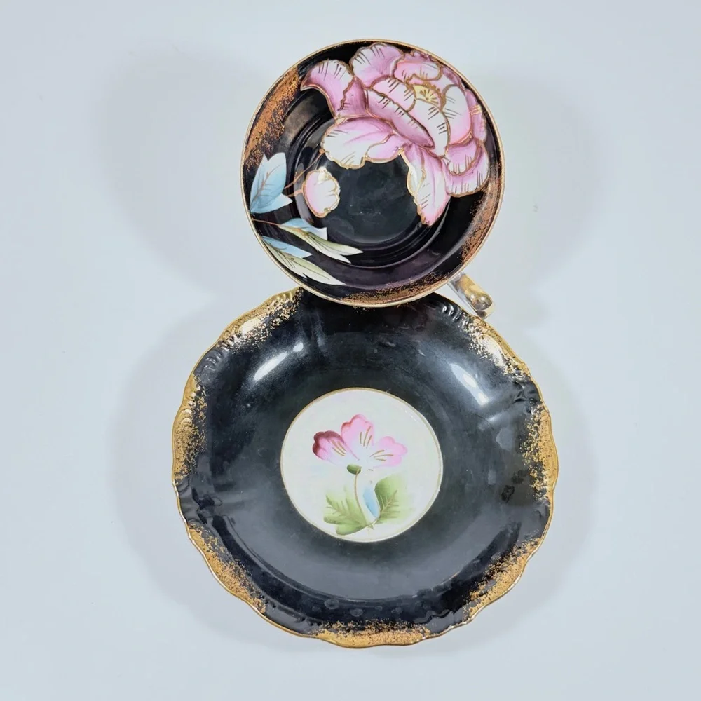 ROYAL SEALY Bone China Footed Teacup & Saucer Japan, Lusterware Pink Flowers Vtg